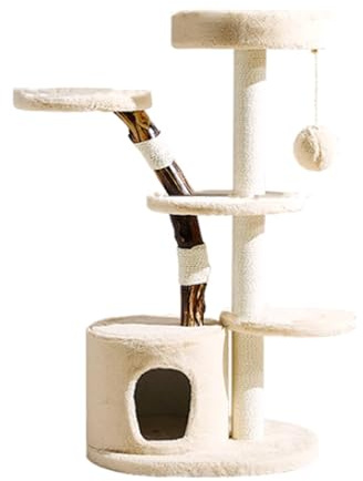 Moderner, Hübscher 117 cm Hoher Kletterturm, Kratzbaum Aus Natürlichem Massivholz, Katzen Spielzentrum mit Katzenhaus, Katzenbaum für Haustiere