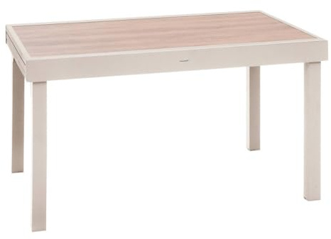 HESPERIDE - Table de Jardin Extensible Piazza Argile - 12 Places - Aluminium Traité Epoxy Antirouille - Plateau Verre Trempé Effet Bois - Meuble d'Extérieur à Rallonge Coulissante
