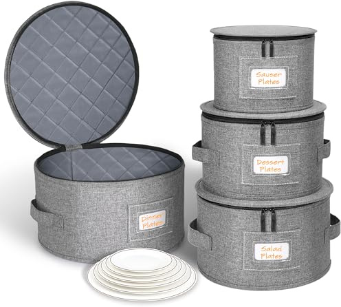 HMJGDZG Containers, Dish with Rigid Top Side Bottom Support & Felt Dividers Charger Plates Dinnerware, Perfect for Moving Supplies, 4PCS Stackable Fine China Storage, Gray