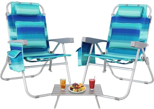 LIFERUN Chaise Pliante de Plage en Alliage d'Aluminium, Légère, Ensemble de 2 Chaises avec 1 Table, Chaise Pliante Portable comme Un Sac à Dos, Chaise Camping, Inclinable, Charge Maximale de 150 kg