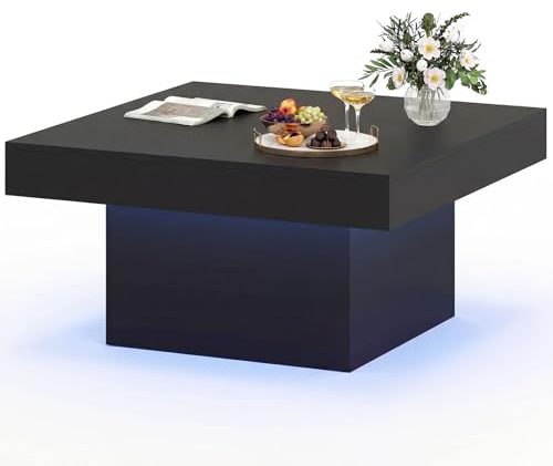 COSTWAY LED Coffee Table, 90x90cm Square Cocktail Center Table with 20-Color RGB LED Lights & Adjustable Brightness, Modern Wooden Accent Sofa Side Tea Tables for Living Room Office (High Gloss Black)