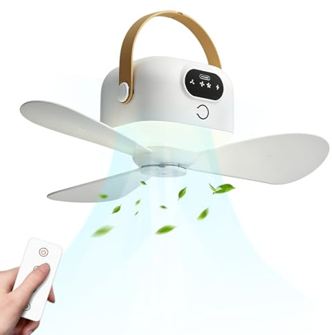 Ventilador de techo con iluminación para camping, recargable, ventilador de techo con luz, mando a distancia, conectar, tirantes, cable de datos, temporizador, ventilador de techo para camping con