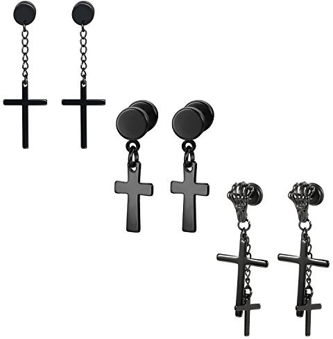 Aroncent 3 Paare Ohrstecker Set Edelstahl Kreuz Skelett Klaue Kette Ohrhänger Ohrringe Ohrpiercing für Herren Damen Schwarz