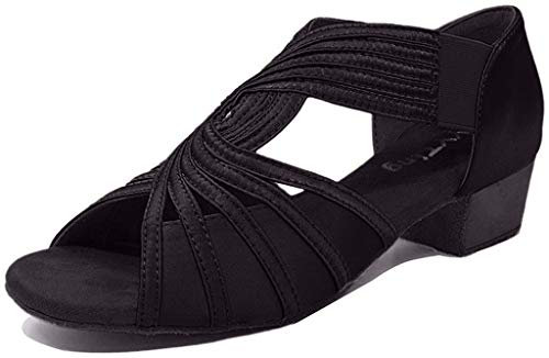 YT04 Damen-Tanzschuhe, niedriger Absatz, Salsa Batchata, Sozialanfänger, Übung, Hochzeit, Tanzen, 3,8 cm, Schwarz, 39 EU