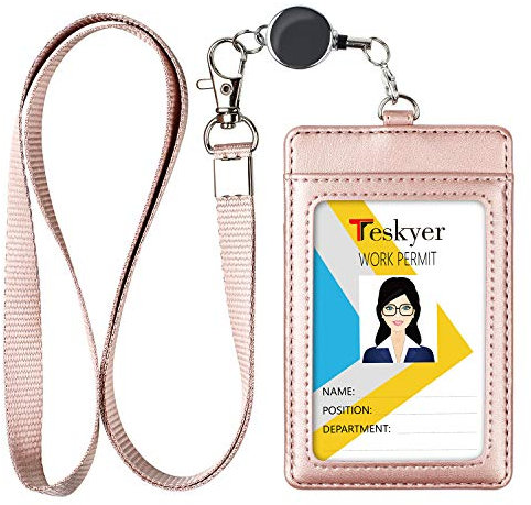 Teskyer Porte Badge, avec Cordon Rétractable, Porte Badge Tour de Cou, Porte Badge en Cuir PU, 2 Emplacements pour Cartes, pour Le Travail, L'école, Or Rose