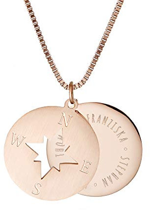 Gravado Collier en INOX pour Femmes avec 2 Médaillons, Couleur Or Rose, Rose des Vents, Gravure Personnalisée Cercles de Noms, 50 CM