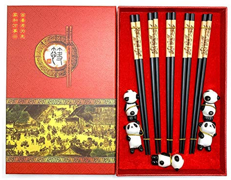 Mainiusi Set di bacchette cinesi con resto bacchette in legno riutilizzabili con supporto in ceramica panda, 5 paia di stoviglie tradizionali cinesi per principianti, con confezione regalo