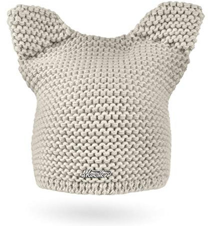 Neverless® Damen Strickmütze Katze Katzenohren Winter-Mütze Grobstrickmuster Strick-Beanie Hellbeige