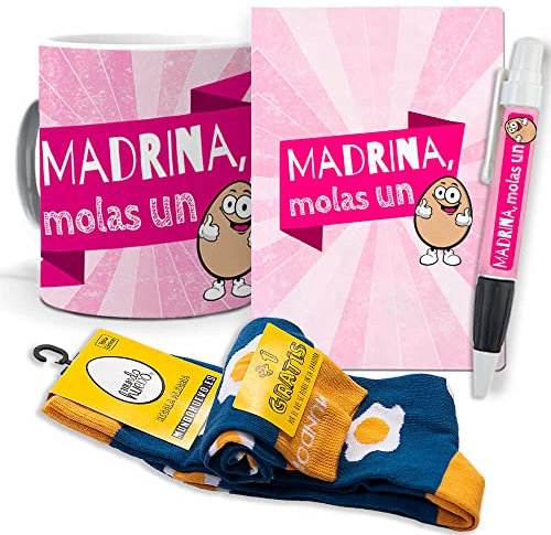 Super Regalo Personalizado para Madrinas. Madrina molas un Huevo. Taza, libreta, boli y Trio de Calcetines