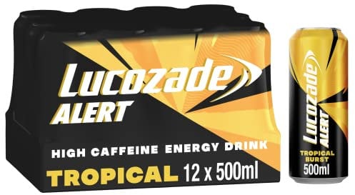 Lucozade Alert Tropical 12x500ml- can ; High Caffeine Energy Drink ;Great Taste; Contains vitamin B3 to help reduce tiredness ;Fully recyclable