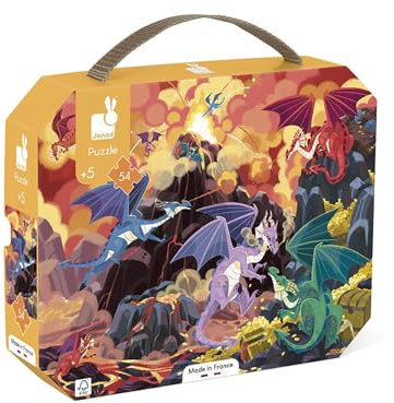 Janod - Kinderpuzzle Land der Drachen 54 Teile - Lernspiel Feinmotorik und Konzentration - Koffer mit Griff - Ab 5 Jahren, J02609