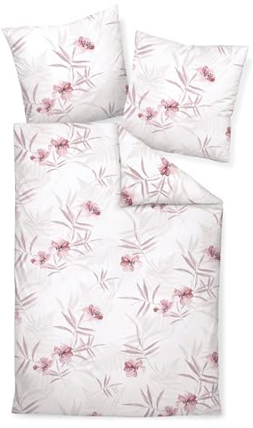 Traumschloss Premium Flanell Bettwäsche - rosa Blüten und blätter auf hellem Hintergrund