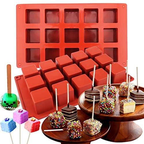 AIERSA Stampo quadrato in silicone per cake pop, 2 pezzi con 15 cavità per lecca-lecca fai da te, 3 cm, bocconcini, cubetti di cioccolato, cake pop, per pasticceria, tartufi, gelatina, brownie