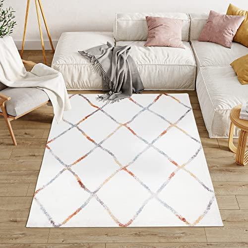 TAPISO Modena Teppich Hochflor Langflor Shaggy Creme Rostbraun Gelb Viereck Raute Gitter Wohnzimmer Schlafzimmer Modern Design ÖKO-TEX 80 x 150 cm