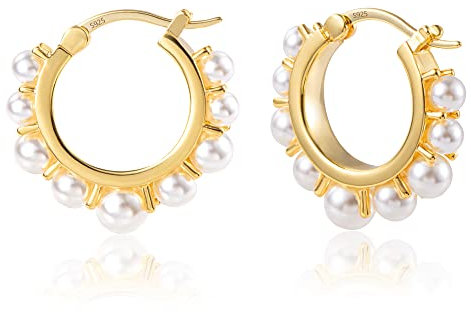 ALEXCRAFT Orecchini Cerchio Perle in Argento Sterling 925 Orecchini Donna Cerchio Placcati in Oro 18K Ipoallergenico Per Donne Ragazze 25mm