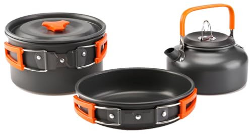 aiGear Camping Cooking Set/Cooking Mess Kit | Outdoor Camping Essentials - Pot Pan and Kettle | Portable Lightweight Aluminum | for 2-3 People to Backpacking Hiking Trekking Picnic (CC01OR05)