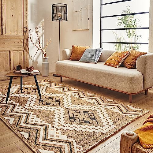 Nazar Tapis, Tapis Salon Nature Aspect Jute Chiné Motif Moderne Style Boho, Tapis pour Salon, Chambre, Terrasse, Exterieur, Couleur Naturelle (9054 Noir, 120x170 cm)
