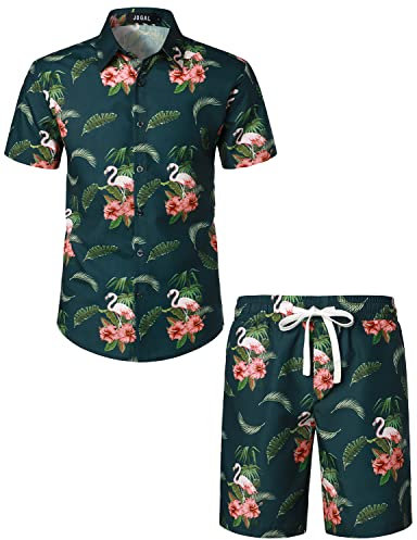 JOGAL Herren Hawaii Hemd Männer Flamingo Kurzarmhemd und Kurze Hose Set Strand Outfit Sommerhemd Für Mann Dunkelgrün Groß
