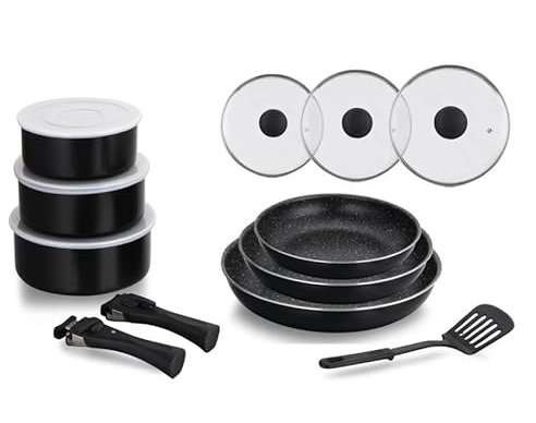 Herzberg - Batería de cocina con revestimiento de piedra y mango extraíble 8 piezas negro HG8091-15-BK