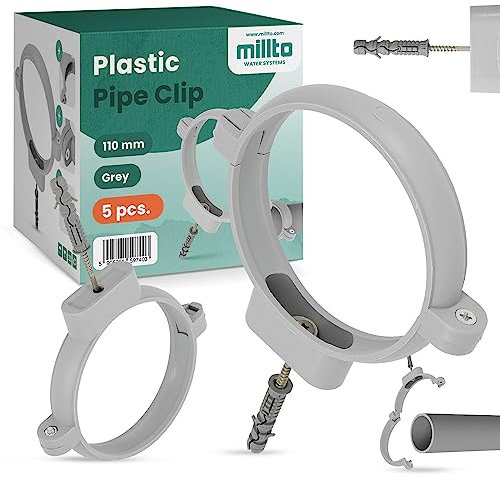 5x Millto™ Rohrschelle Kunststoff Halterung Rohr 110mm Stockschraube Dübel Rohrhalter Wasserrohrhalter Abwasserrohrschelle Kanalisationsrohrschelle Abwasserrohrhalterung