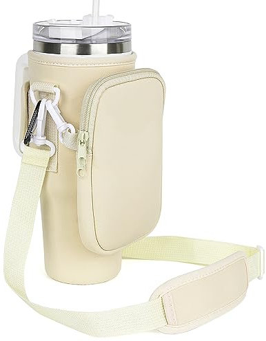 Linkidea Wasserflaschen-Tragetasche mit Abnehmbarer Tasche, kompatibel mit Stanley Quencher H2.0, einfach und modern, für die meisten 40-Unzen-Becher, mit verstellbarem Schultergurt (Beige)