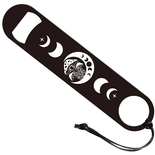 GLOBLELAND Mondphase Und Pilze Art Edelstahl Flaschenöffner Mit PU Lederband, Bierflaschenöffner, Flacher Flaschenöffner, Robuster Bar Barkeeper Öffner, 7 Zoll