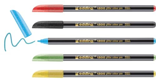 edding 1200 Glitzerstifte - mehrfarbig - 5 Fasermaler mit intensivem Glitzereffekt - Rundspitze 3 mm - zum präsizen Schreiben, Skizzieren und Malen