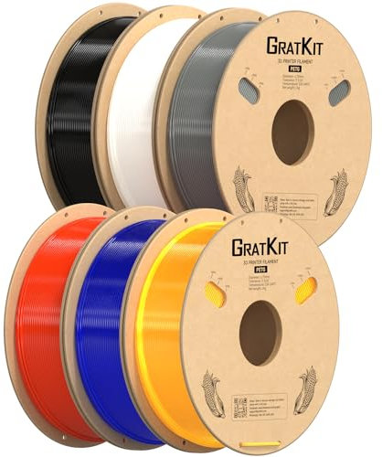 GratKit PETG 3D-Drucker Filament 1,75mm 6kg Spule, 3D-Druck Filament±0,03mm Präzision, Leicht zu drucken, Gleichmäßige Wicklung, 6*1KG, 6 Packs, Schwarz+Grau+Weiß+Rot+Transparent Blau+Transparent Gelb