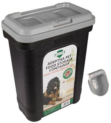 ADEPTNA Large 30L Pet Food Storage Container Flip Top Locking System with Integrated Scoop – Airtight Pet Dog Cat Animal Birds Dry Food Dispenser Bin (GREY LID)