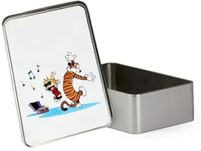 Giftme Calvin and Hobbes Dancing with Music, Cartoon Character, Metal Tin Storage Box Biscuit Chocolate Tin Emergency Stuff Tin. (Rectangular)