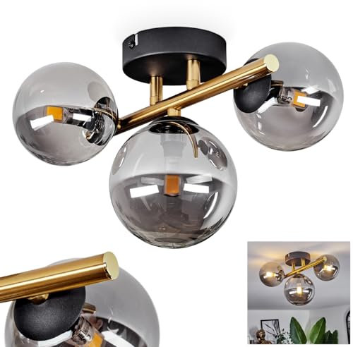 HOFSTEIN Deckenleuchte Chehalis, Deckenlampe aus Metall/Glas in Schwarz/Goldfarben/Rauchfarben, Leuchte im Retro/Vintage-Design mit Schirmen aus Glas (Ø 10 u. 12 cm), 3 x G9 LED