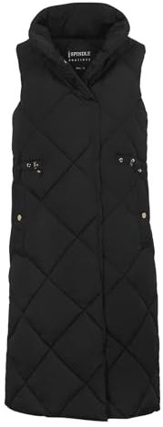 Spindle Womens Diamond Quilted Padded Long Sleeveless Jacket Funnel Neck Outerwear Ladies Waistcoat Gilet Longline Coat Bodywarmer without hood Vest Adjustable Waist Black L