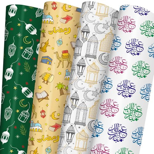 RiukRaiu Eid Mubarak Geschenkpapier für Kinder – Ramadan Kareem, Laterne, Moschee, Kamel – islamisches Geschenkpapier für Eid Al-Fitr – 8 Blatt, flach gefaltet, 50,8 x 73,7 cm, einfach zu verstauen