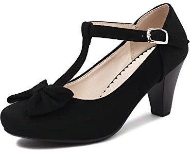 elerhythm Damen Mary Jane Vintage T-Strap Heels mit Schleife Gatsby 1950er Pumps Closed Toe 1920er Jahre Victorian Sweet Ankle Elegante Bequeme Formale Dressy Schuhe (Schwarz EU40)