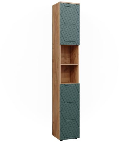 Vicco Badschrank Irma, Badezimmerhochschrank, Goldkraft Eiche/Grün, 30 x 192 cm