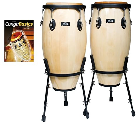 Fame Conga Set 11 & 12 Natur, Holz, Nappa-Fell, Mechanische Spannung, Schwarz Hardware, inkl. Ständer, Notenbuch & CD, geeignet für Percussion Anfänger und Profis