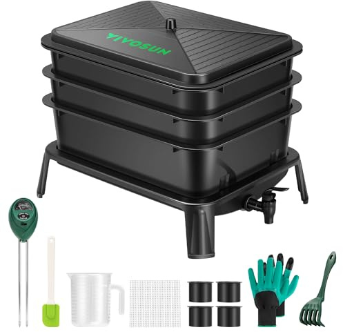 VIVOSUN Cubo de compostaje de lombrices de 3 capas, compostador de gusanos de 30 litros, kit de granja de gusanos incluido de fácil instalación para reciclar residuos de alimentos