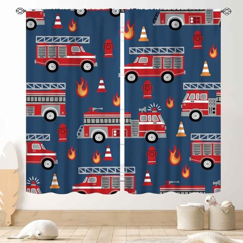 Feuerwehrwagen-Vorhänge für Jungenzimmer, Cartoon-Feuerwehrauto, Fahrzeug, Feuerwehrmann, blau-rot, Fenstervorhänge, Behandlungen für Kinder, Jungen, Mädchen, Teenager, Schlafzimmer, Wohnzimmer,