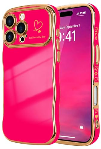 LCHULLE for iPhone 16 Pro Case for Women Girls,Cute Curly Wave Frame Shape Love Heart Pattern Phone Case,Raised Camera Protection Plating Shockproof Cover for iPhone 16 Pro 6.3,Hot Pink
