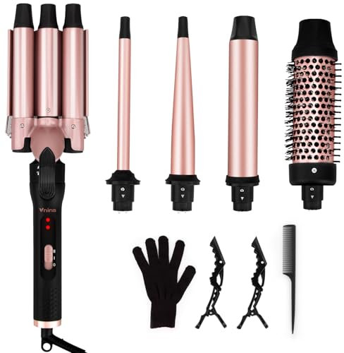 5 in 1 Curling Iron Set, 3 Barrel Curling Iron Set with Curling Brush (1.5 inch),4 Interchangeable Ceramic Curling Wand (0.5-1.25), Instant Heat Up, 2 Temps Setting, with Comb & Glove & 2 Hair Clips