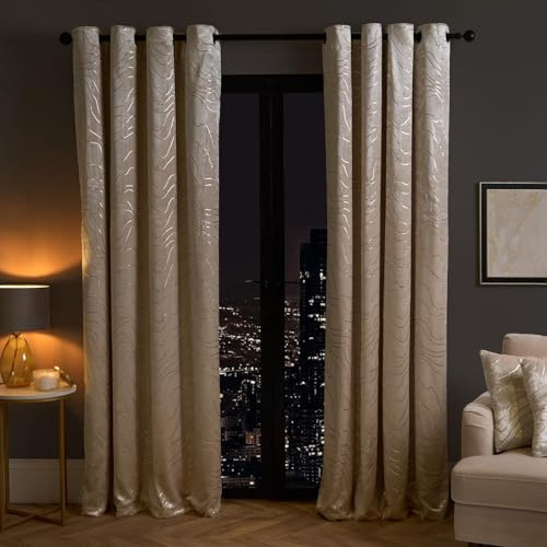 OHS 2 Panel Curtains Eyelet Metallic Foil Wave Print Velvet Curtains, Soft Velvet Fabric Stylish Wave Geometric Pattern Curtain Set For Livingroom & Bedroom, Natural-66x90In