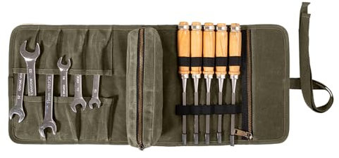 Tool roll up Bag, Waxed Canvas Roll Up Tool Bag, Heavt Duty Tool Organizer Portable Tool Storage Bags, with 1 Small Detachable Tool Pouch and 1 Zipper Pockets, Store Chisel, Wrench, Carving Knife