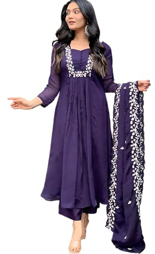 The Red Lion Enterprise Women's Designer Straight Kurti pant dupatta 3pc dress partywear Salwar Suit, Purple 3, XL