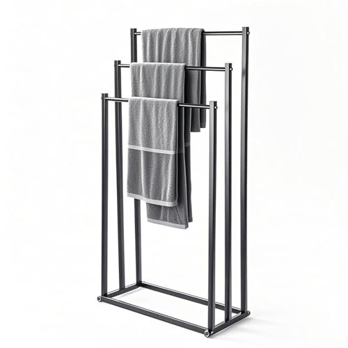 Handtuchhalter Stehend, Stabil Badetuchhalter mit 3 Handtuchstangen, Handtuchständer Freistehend, Handtuch Ständer aus Metall, Freistehender Handtuchhalter für Bad, Schwarz