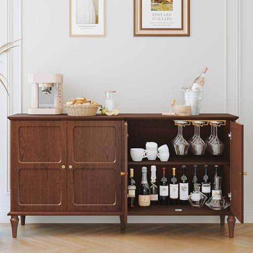 HOLTICO Sideboard with 4 Doors, Drinks Cabinet with Wine Glass Racks, Mid-Century Wooden Accent Cabinet, Modern Brown Sideboards for Living Room, Dining Room, Kitchen, Hallway