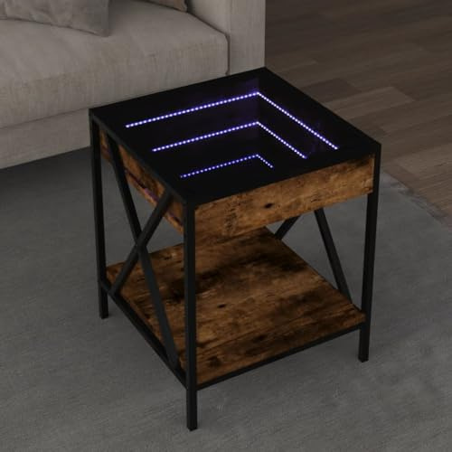 Couchtisch mit Infinity-LED Spiegel, Räuchereiche, Holzwerkstoff, Glas, Metall, RGB-LED-Beleuchtung, Vielseitig als Beistelltisch Couch, Wohnzimmer Tisch Für Couch, Living Room Table,40 x 40 x 49 cm