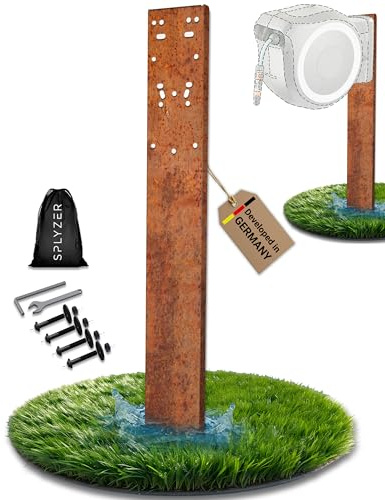 SPLYZER® Schlauchbox Halterung Bodenmontage, für Gardena®, Rost-Optik | Freistehender Ständer, Säule, Standfuß für Gartenschlauch Trommeln & Schlauchaufroller, Stahl, Cortenstahl-Optik, wetterfest