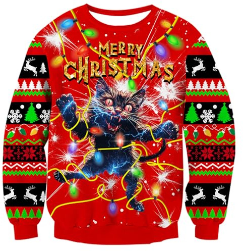 Fanient Pull de Noël pour Homme,Sweatshirt Humoristique à Imprimé Chat éclair,Pull de Noël Laid pour Femme,Sweatshirts Unisexe à Manches Longues,Taille L