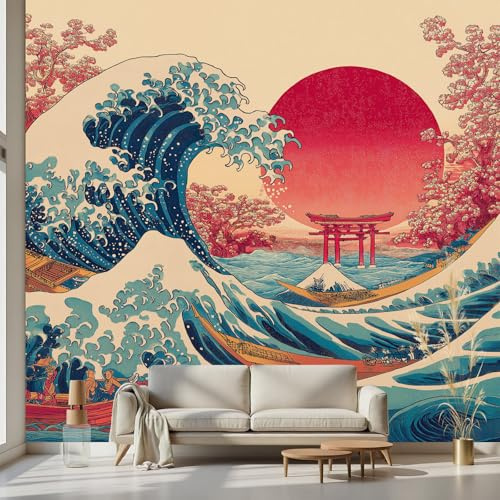 Kioldoq Ocean Waves Wallpaper 350x256 cm, Sun Sea Torii Mural, Japanese Self-Adhesive Mural Removable Wall Sticker for Bedroom Living Room Kitchen Wall Decor