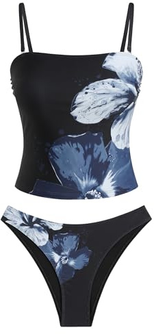 ZAFUL Women's Bandeau Tankini Swimsuits Floral Tummy Control Bathing Suit
